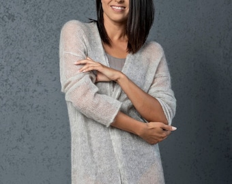 Beige mohair cardigan, Knit cardigan, Oversized cardigan, Alpaca wool sweater, Light cardigan, Long cardigan