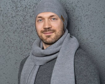 Bufanda de lana merino, gorro de lana merino, gorro de lana merino, bufanda de invierno, bufanda de regalo, conjunto de lana merino de punto, gorro de bufanda para hombre, bufandas, para él