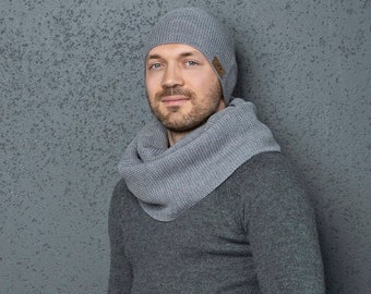 Merino wool snood, merino wool hat, merino wool cap, winter scarf, gift scarf, knitted merino wool set, men scarf cap, scarves, for him