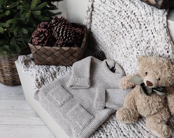 Pull tricoté, Pull en laine, Pull en laine tricotée, Pull fille, Pull en alpaga, Pull garçon, Cadeau, Pull beige, Cadeau de Noël