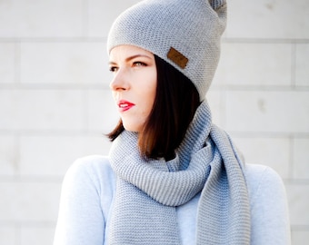 Light gray merino wool scarf, Oversized scarf, merino wool hat, merino wool cap, winter scarf, gift scarf, knitted merino wool set