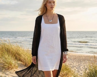 Zwart gebreid lichtgewicht mohair lang vest - zwart luchtig minimalistisch vest