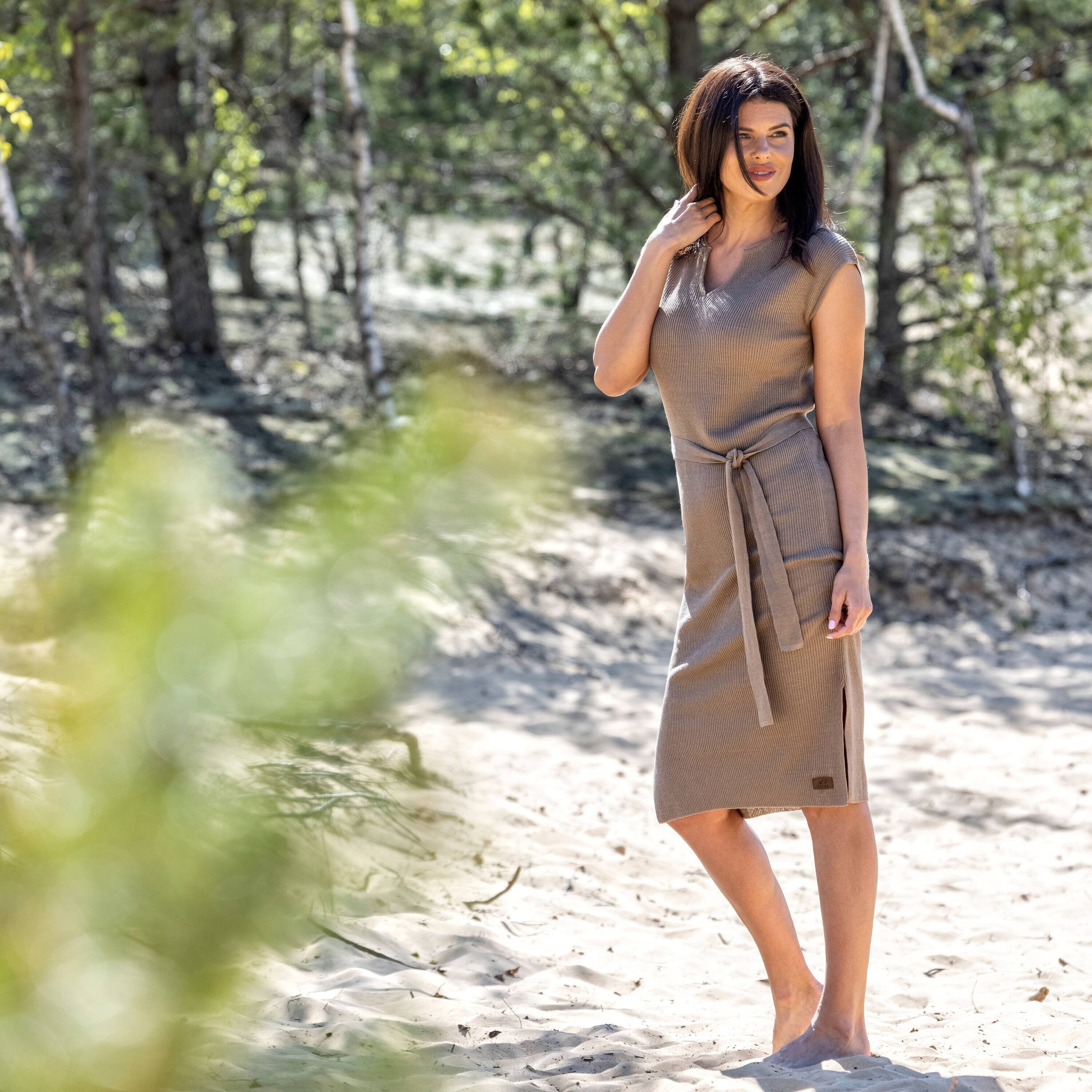 knit womens dresses Women's Ease Into It Camel Brown Knit Half-Zip Funnel Collar Longline Sweater Dress | Color: Tan | Size: M main image 1