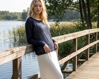 Blauwe gebreide mohair trui, pullover, lichtgewicht mohair trui, DDP-verzending voor Amerikaanse kopers