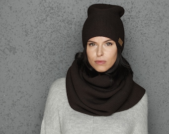 Snood in lana merino, cappello in lana merino, berretto in lana merino, sciarpa invernale, snood regalo, set in lana merino lavorato a maglia, elegante berretto snood, sciarpe