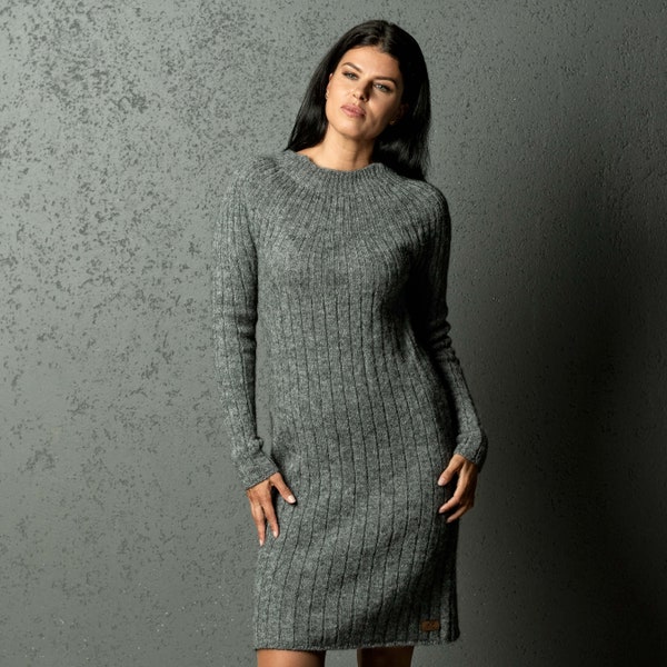 Gray wool dress, Midi dress, Gray alpaca sweater dress, knitted midi dress, soft baby alpaca winter dress, made to order