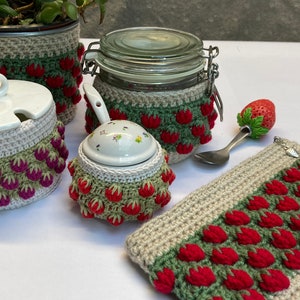 Crochet pattern strawberry pouch, case or purse and jam pot or jar covers