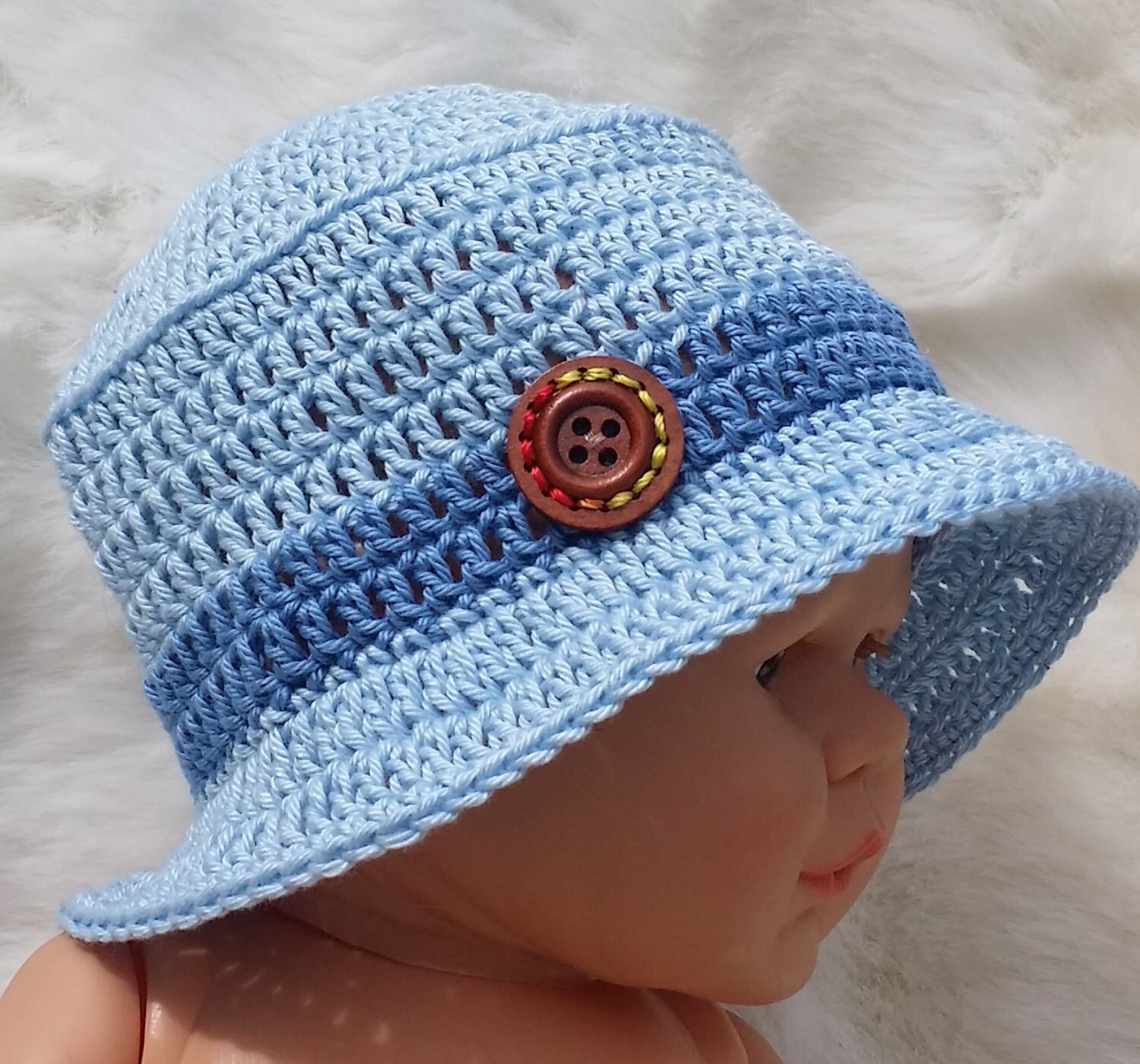 Baby boys blue hand crocheted cotton sun hat newborn 03 36 Etsy