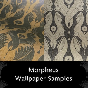 May include: Two wallpaper samples with a black and gold geometric pattern. The pattern features stylized birds with wings and a repeating design. The text "Morpheus Wallpaper Samples" is printed below the samples.