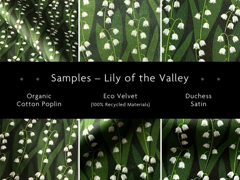 SAMPLES Lily of the Valley Fabric Organic Cotton Poplin Eco velvet Duchess Satin image 1