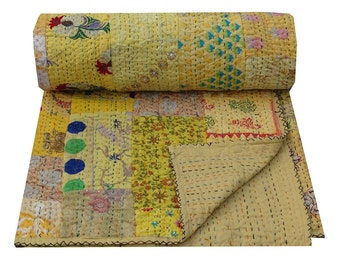 Vintage Yellow Patchwork Kantha Quilt, Twin Size Reversible Sequin Throw