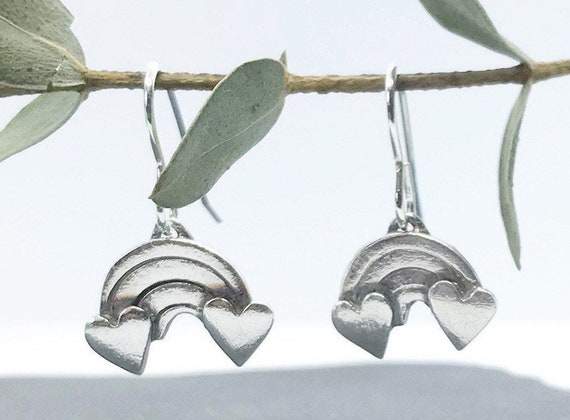 Silver Rainbow Dangle Earrings - Rainbow and Heart Earrings - Handmade Silver Rainbow Earrings - Gifts For Her