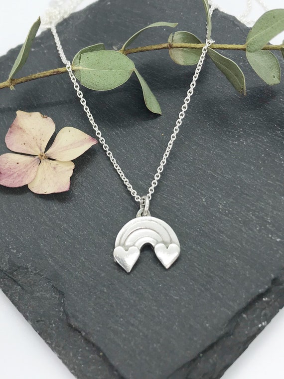 Silver Rainbow and Heart Necklace - Handmade Rainbow Pendant - Mini Rainbow and Heart Necklace Necklace