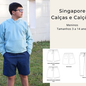 May include: A sewing pattern for trousers and shorts for children, sizes 3 to 14 years. The pattern includes instructions for shorts with knit and woven waistbands, as well as trousers. The pattern is illustrated with line drawings of the garments.