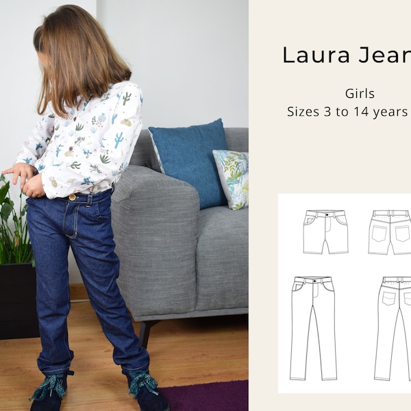 Laura Jeans pants & shorts PDF sewing pattern: girls English