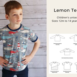 May include: A blue and white t-shirt with a nautical print of whales, boats, and sea life. The t-shirt has a navy blue trim around the neck and sleeves. The text "Lemon Tee" and "Children's unisex" is printed in black on a white background. The text "Sizes 12m to 14 years old" is printed in black on a white background. The t-shirt is shown on a child model.
