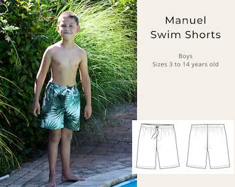 Peut inclure: Un garçon portant un short de bain vert et blanc à motif de feuilles tropicales. Le texte "Manuel Swim Shorts" et "Boys Sizes 3 to 14 years old" est visible sur l'image. Un dessin au trait du short de bain est également présenté.