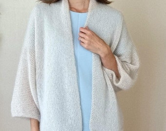 White mohair cardigan, wedding cardigan, oversize mohair silk sweater, bridal cardigan, women knit cardigan, fluffy cardigan