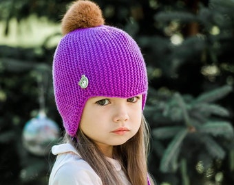 Knit baby bonnet Kids ear flap Newborn Hand knitted Merino wool kids hat Infant trapper winter hat knit pixie hat