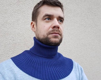 Neck warmer men Knit merino wool scarf Turtleneck dickie blue