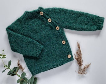 Green baby sweater Newborn sweater with side buttons Hand knit baby cardigan Alpaca baby sweater Knit cardigan babies