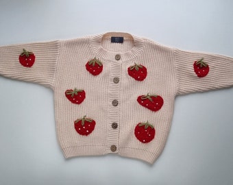 Knit baby sweater with strawberry, Baby chunky sweater, Embroidered gift for baby, custom baby cardigan, Personalized baby sweater