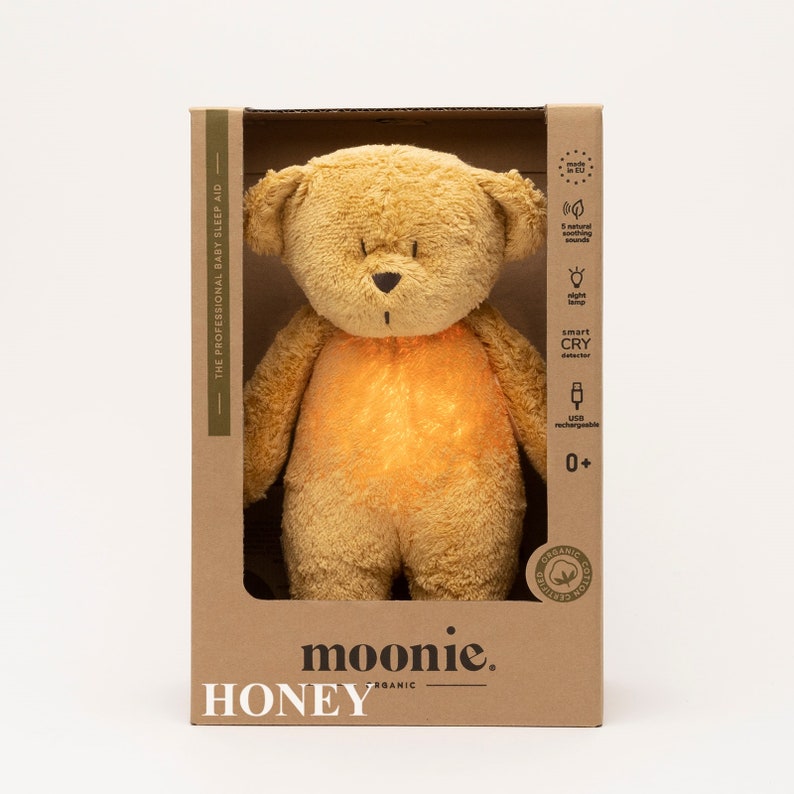 Gift for baby MOONIE BEAR ORIGINAL humming bear with lamp, Baby sleep aid Bedtime bear, Organic humming bear Brown teddy bear image 8