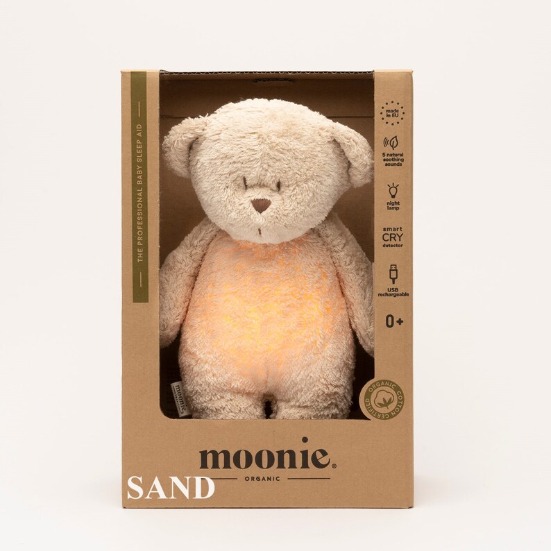 Moonie organic humming bear Baby gift Bedtime bear Brown teddy bear Baby first bear with lamp Gift for baby Sand