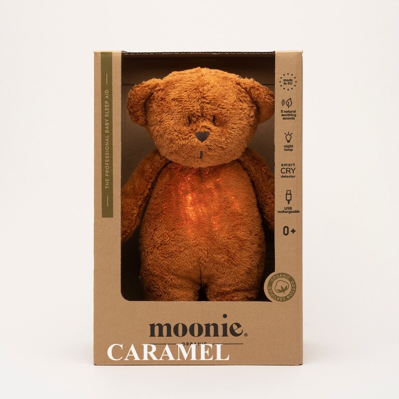 Moonie organic humming bear Baby gift Bedtime bear Brown teddy bear Baby first bear with lamp Gift for baby Caramel