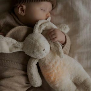 Könnte beinhalten: Ein Baby in einer braunen Strickmütze und einem beigen Strampler schläft und hält ein Plüschkaninchen in weiß.