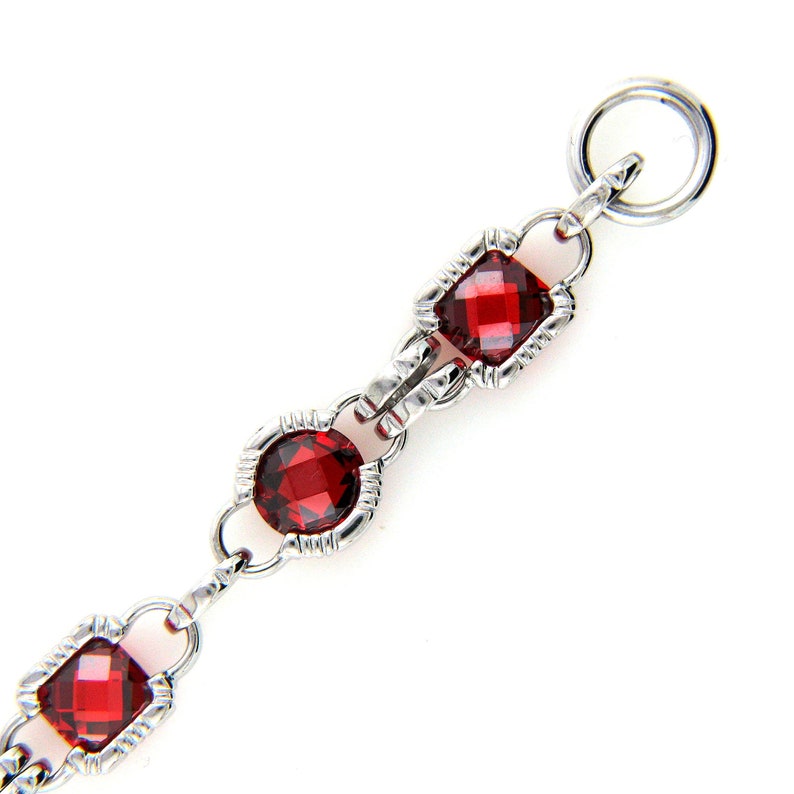 Hallmarked Solid 925 Sterling Silver Faceted Garnet Red CZ Cubic Zirconia Link Bracelet with Toggle and T Bar Clasp Birthday Gift For Her