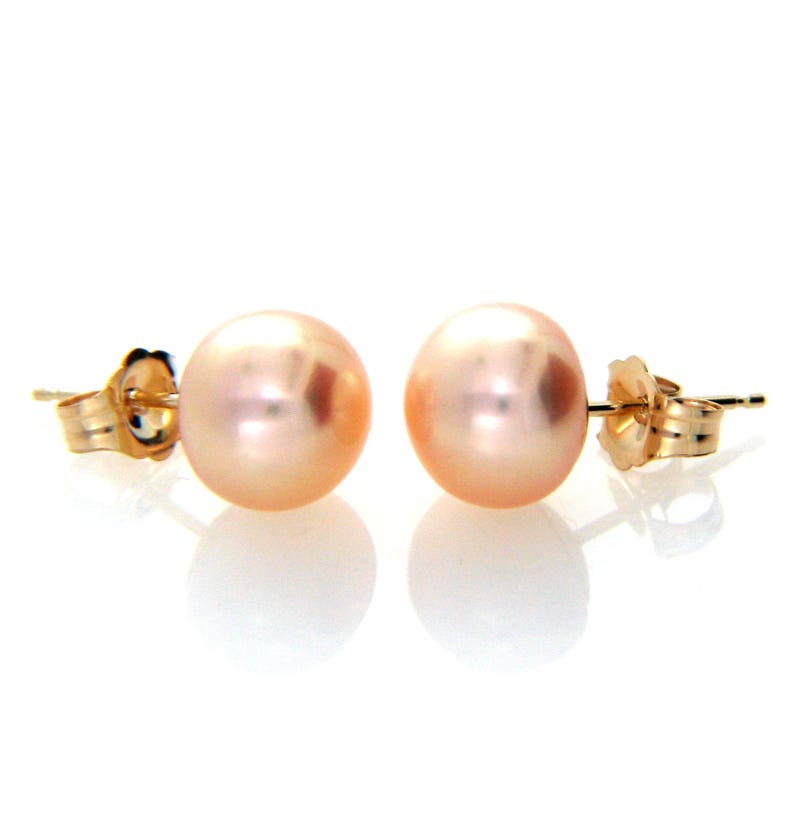 Anniversary Graduation Gifts Hallmarked 14K Solid Yellow Gold Pearl Stud Earring Genuine Pink Peach Pearl Stud Bridal Birthday Mother