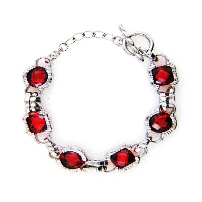 Hallmarked Solid 925 Sterling Silver Faceted Garnet Red CZ Cubic Zirconia Link Bracelet with Toggle and T Bar Clasp Birthday Gift For Her