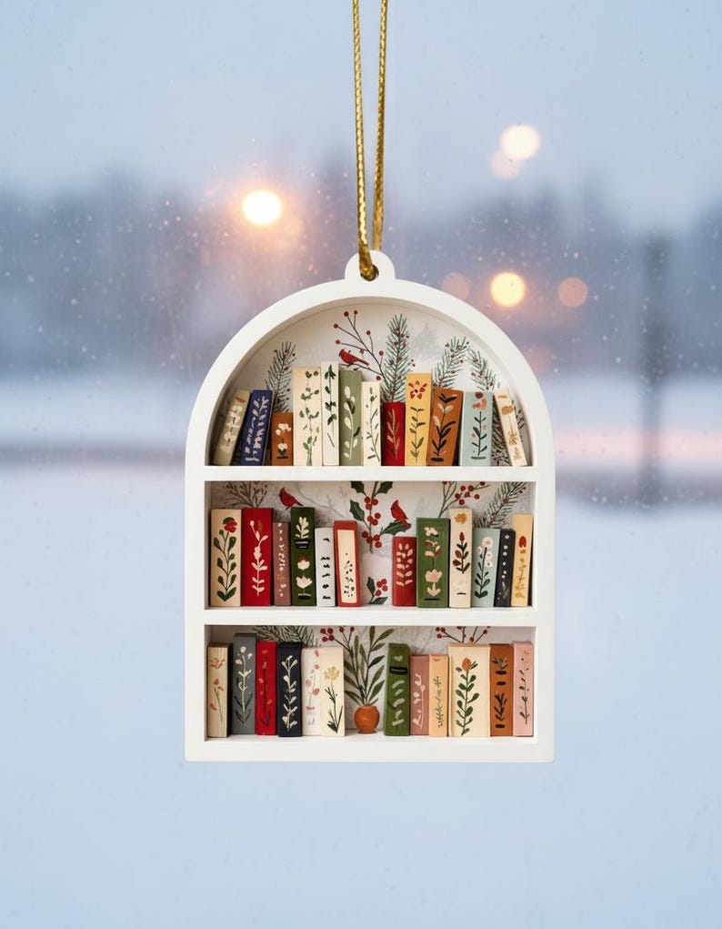 Winter Bookshelf Ornament | Holiday Reading Nook Deco - Etsy