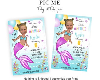 Mermaid Birthday Invitation, Custom Photo Mermaid Birthday Card, Printable Mermaid Invitation, Digital Printable, Child's Mermaid Birthday