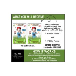 May include: A green and orange printable invitation for a child's birthday party. The invitation features a cartoon illustration of a boy wearing a magnifying glass and a bug on his shirt. The text on the invitation reads "We are Buggin' Out!" and "Noah is turning 5".