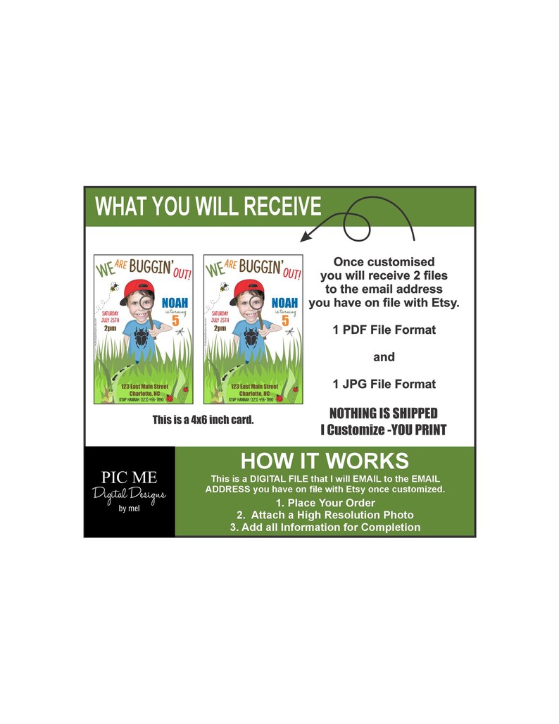 May include: A green and orange printable invitation for a child's birthday party. The invitation features a cartoon illustration of a boy wearing a magnifying glass and a bug on his shirt. The text on the invitation reads "We are Buggin' Out!" and "Noah is turning 5".