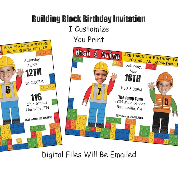 Building Blocks Custom Photo Birthday Invitation, Building Invite, Brick Invite,  Birthday Invitations, Building Blocks, Printable Invites
