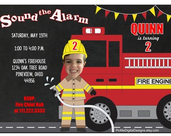 Fire Engine Birthday Invitation, Custom Photo Birthday Invitation, Personalized Birthday Invitation