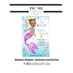 Mermaid Birthday Invitation, Custom Photo Mermaid Birthday Card, Printable Mermaid Invitation, Digital Printable, Child's Mermaid Birthday