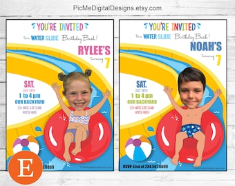 Water Slide Birthday Invitation, Pool Birthday Party, Photo Water Slide Birthday, Boy Waterslide Party Invitation