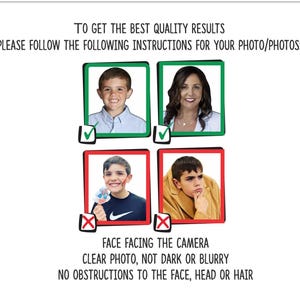 May include: A guide with four images showing examples of good and bad photos for a photo editing service. The text reads: "To get the best quality results, please follow the following instructions for your photo/photos: Face facing the camera, clear photo, not dark or blurry, no obstructions to the face, head or hair."