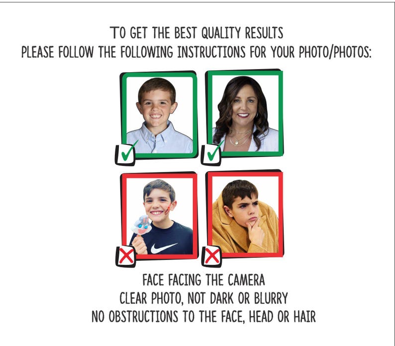 May include: A guide with four images showing examples of good and bad photos for a photo editing service. The text reads: "To get the best quality results, please follow the following instructions for your photo/photos: Face facing the camera, clear photo, not dark or blurry, no obstructions to the face, head or hair."