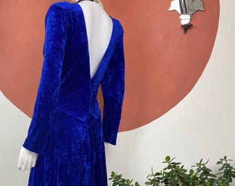 Vestido vintage de veludo azul dos anos 80, Reino Unido 14 – Vestido midi de veludo amassado com costas abertas, vestido de festa descolado, tamanho 14