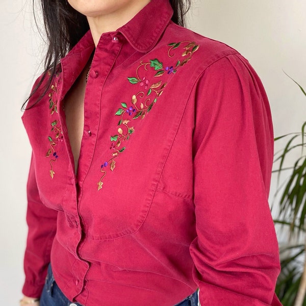 Vintage shirt, UK12, 1990s cotton shirt size 12, red and floral embroidered romantic blouse, cottage core meets formal