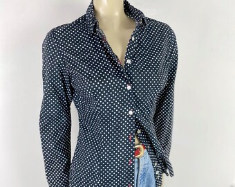 Vintage, UK10 polka dot black and white cotton blouse, women's preppy vintage formal shirt