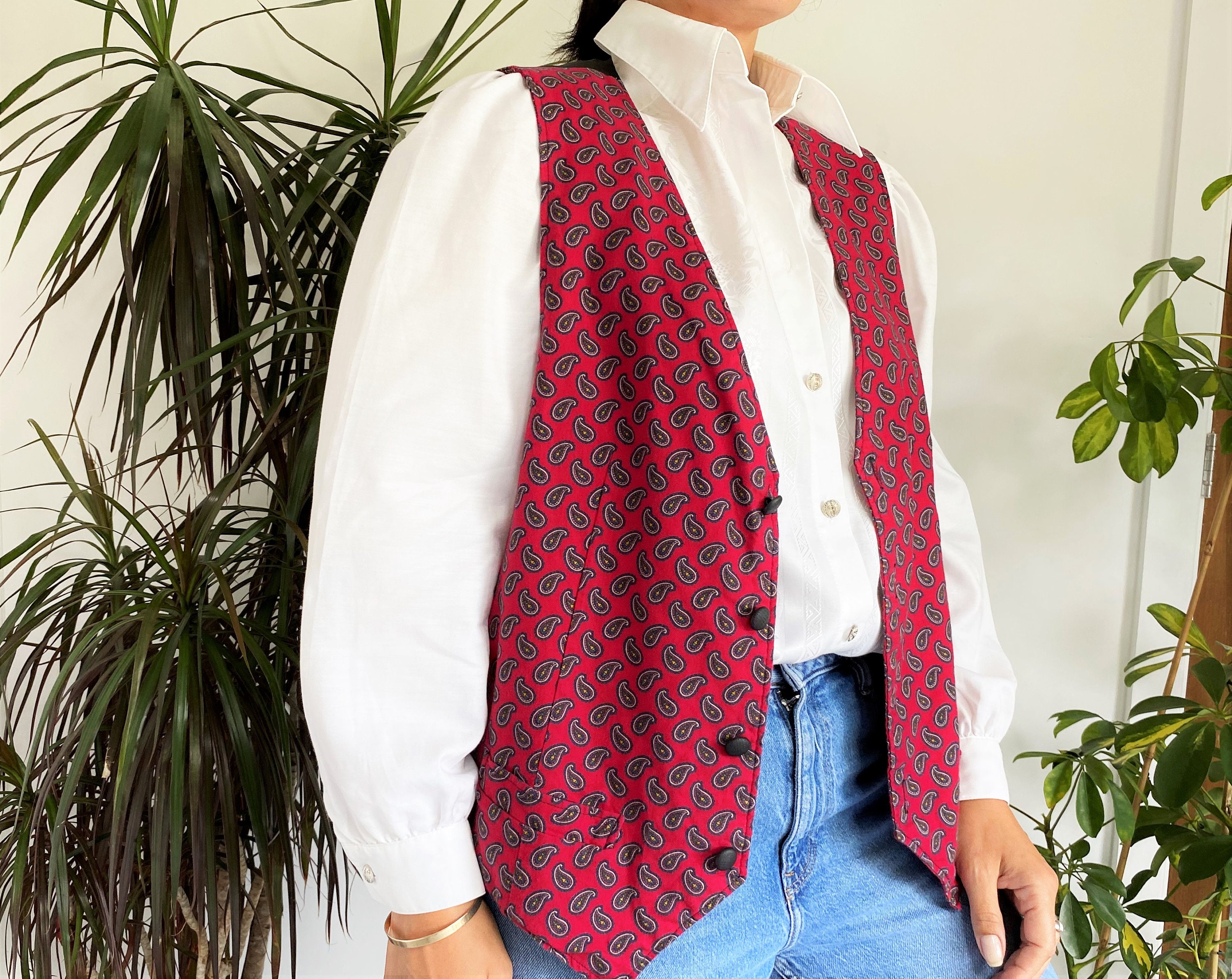 Image of Red Waistcoat, 42", Vintage Vest, Menswear, Paisley Vests