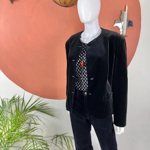 1970s Black Velvet Evening Jacket | Collarless Vintage Blazer | 14-16 Women’s Retro Party Coat | Classic Glam Goth Jacket