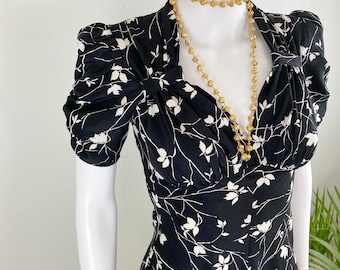Size 8, Vintage 1950s Style Tea Dress by Tara Starlet, Vintage Leaf Print Black Dress