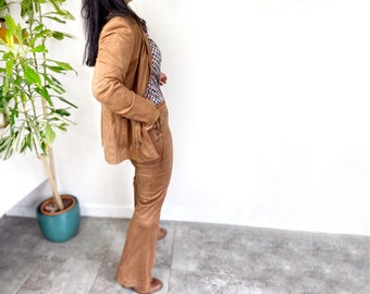 Vintage tan suede look flared trouser suit, size 16, trouser and jacket faux suede